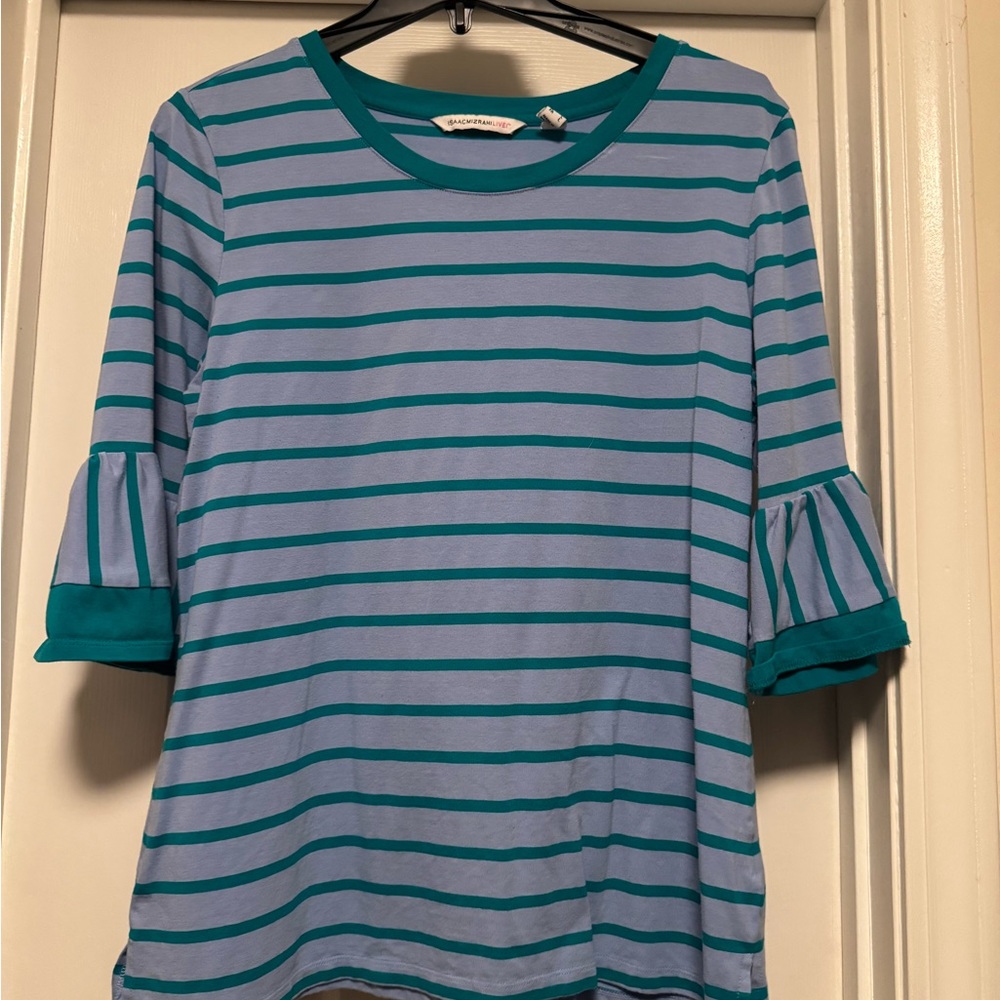 Isaac Mizrahi Blue and Teal Striped Ruffle Sleeve Top